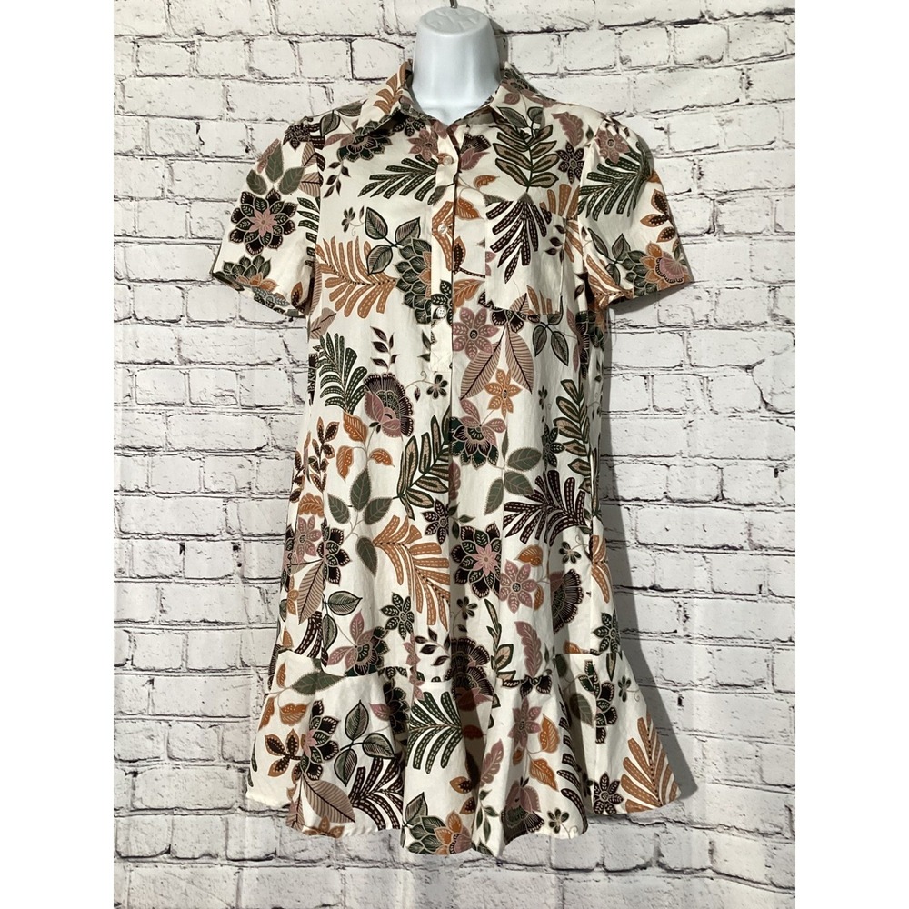 Cynthia Rowley Floral Shirt Dress Small Collared Button Front Ruffle Hem Mini